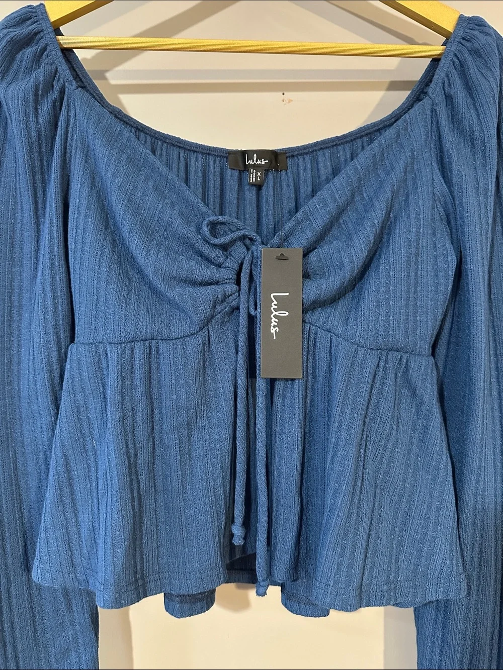 NWT Lulus Blue Ribbed Crop Top XL Tie Front Long Sleeve Peplum Blouse - Picture 3 of 5